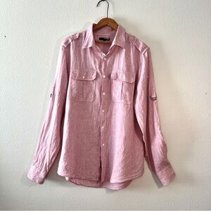 Murano Linen Chambray / Pink Long Sleeve Shirt Pocket Epaulettes Sleeve Buckles